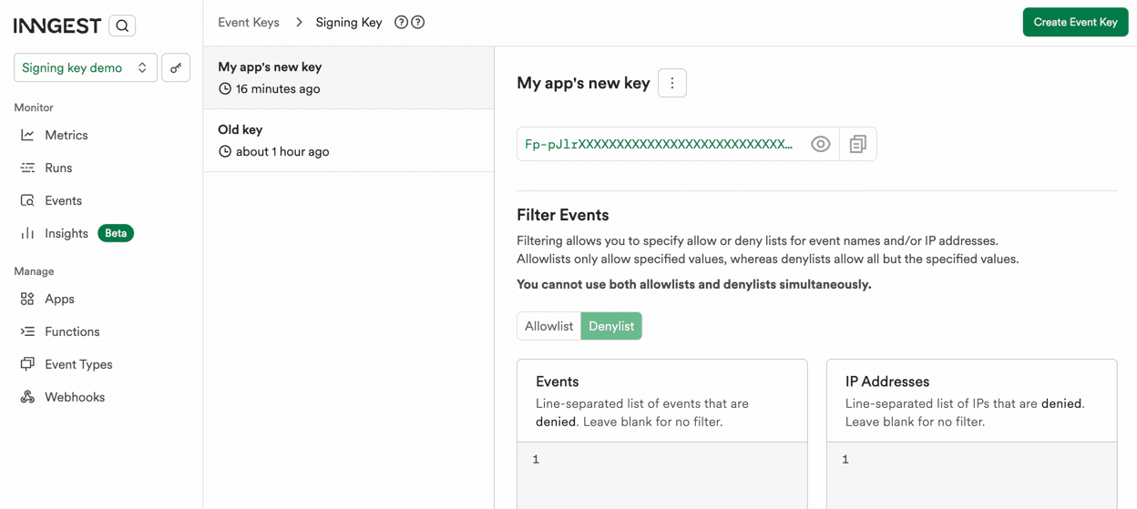 A newly created Event Key in the Inngest Cloud dashboard