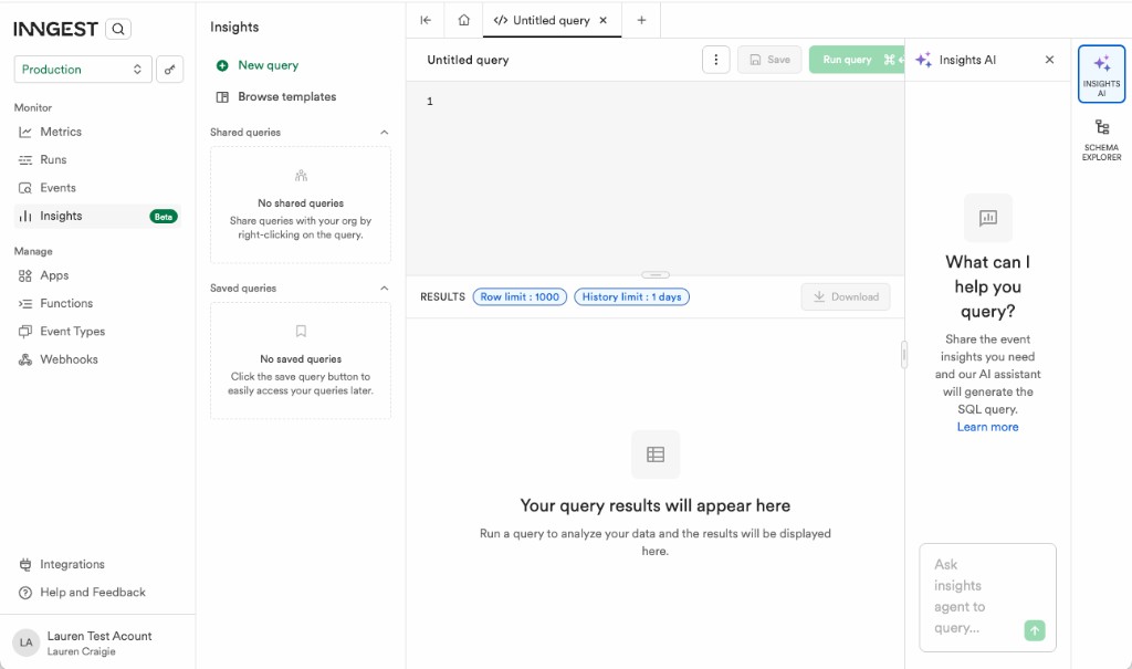 The Insights query editor in the Inngest dashboard, with the SQL editor, results pane, and Insights AI sidebar.