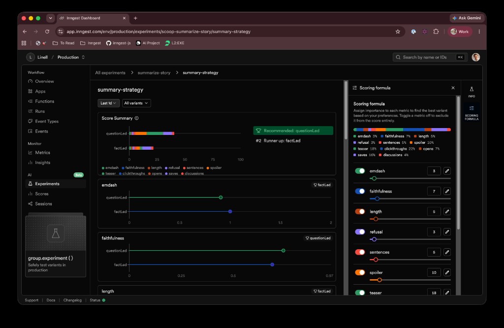 Experiments score summary comparing variants in the Inngest dashboard