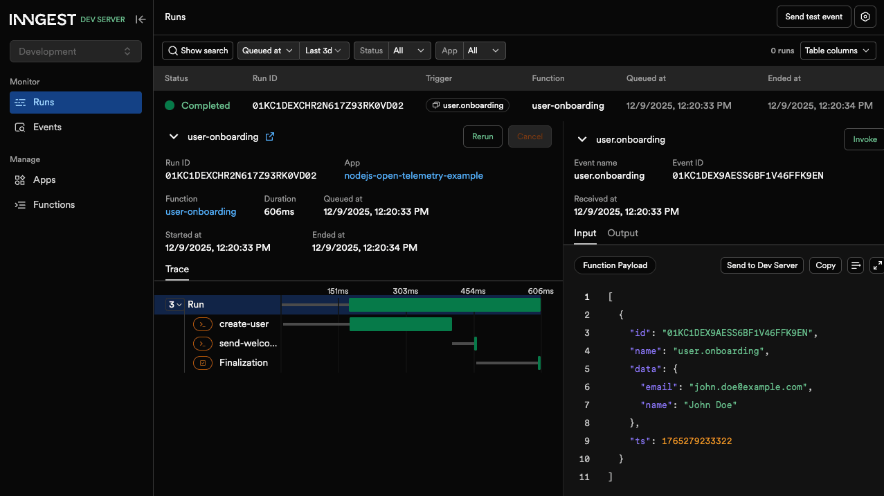 Inngest DevServer traces view showing OpenTelemetry spans for Node.js background workflows