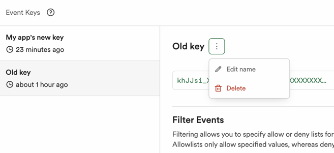 Deleting an event key from the event key management page